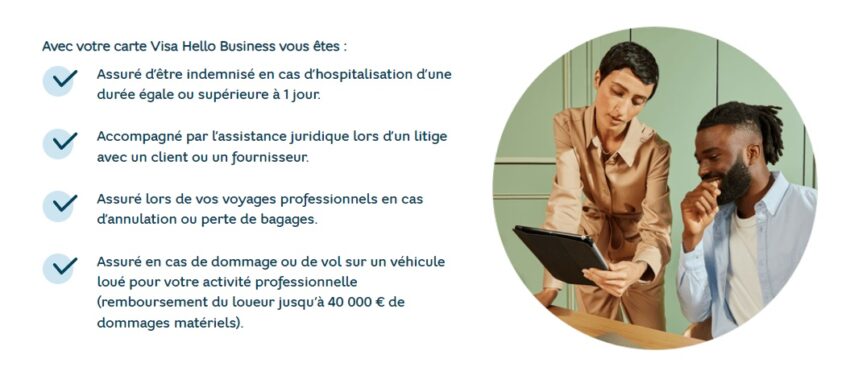 Visuel listant les principales garanties de l'assurance de la carte Visa Hello Business