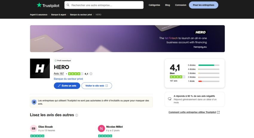 Avis Trustpilot sur Hero en juin 2025 : une note moyenne de 4,1/5 délivrée par 167 utilisateurs