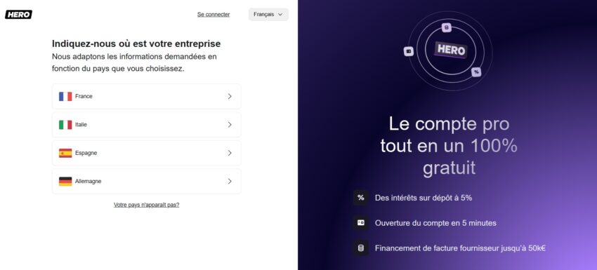 Page d'inscription au compte pro Hero