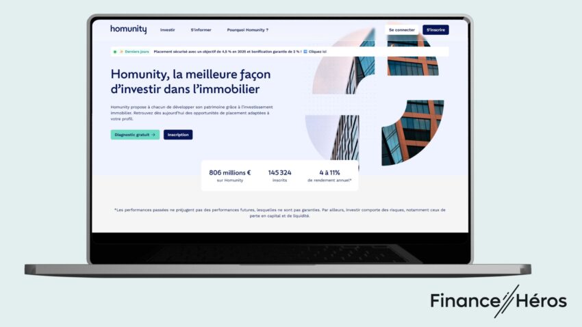 Page d'accueil de la plateforme de crowdfunding immobilier Homunity
