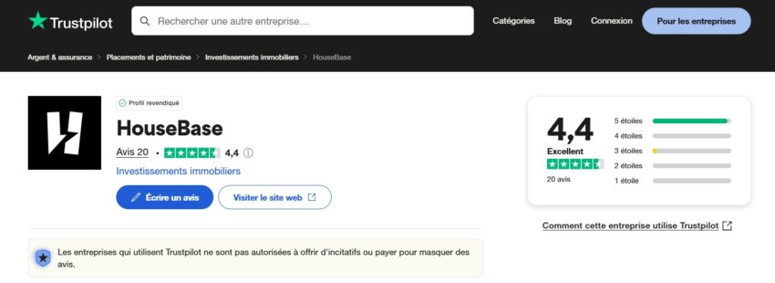 Avis sur HouseBase sur Trustpilot en mars 2025
