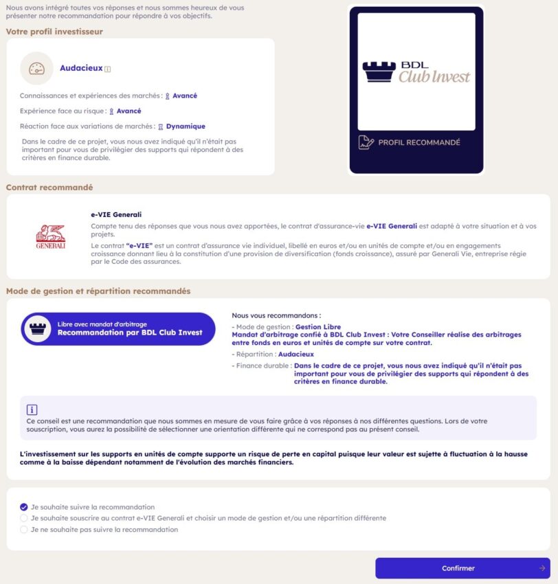 Parcours de souscription de BDL Club Invest - profil de risque