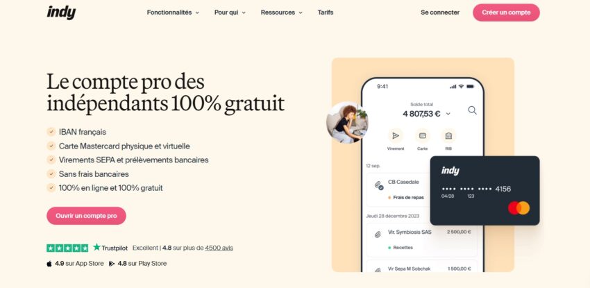 Page d'accueil web du compte pro gratuit Indy