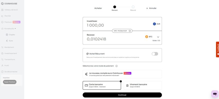 Image de l'interface de Coinhouse permettant d'investir dans le Bitcoin (BTC)