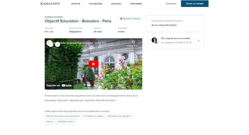 Avec la plateforme de crowdfunding immobilier Anaxago vous pouvez investir dans un magnifique bâtiment dans le 16ème arrondissement de Paris, dans l'objectif d'en faire une école. Rares sont les particuliers qui pourraient porter seul un tel projet !