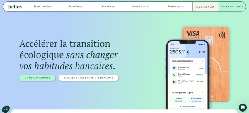 Page d'accueil d'helios, un exemple de banque en faveur de la transition écologique
