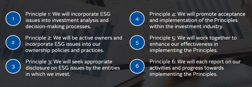 Illustration des 6 Principes pour l'Investissement Responsable, une des chartes connues pour l'investissement à impact
