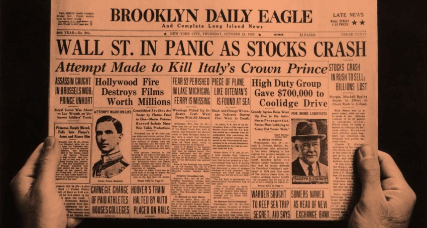 Couverture de journal relatant l'effondrement des prix des actions à Wall Street en octobre 1929