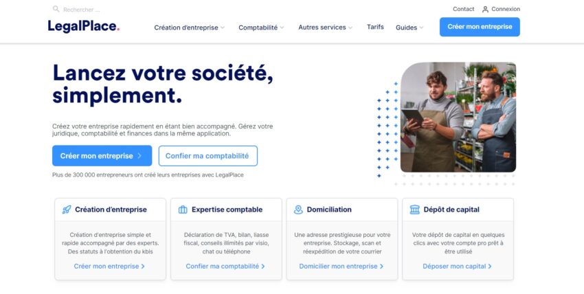 Page d'accueil de LegalPlace, qui aide à créer son entreprise, mais aussi son compte bancaire professionnel et d'autres services