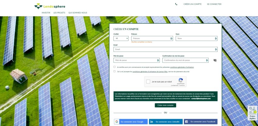 Page d'inscription à la plateforme de financement participatif Lendosphere