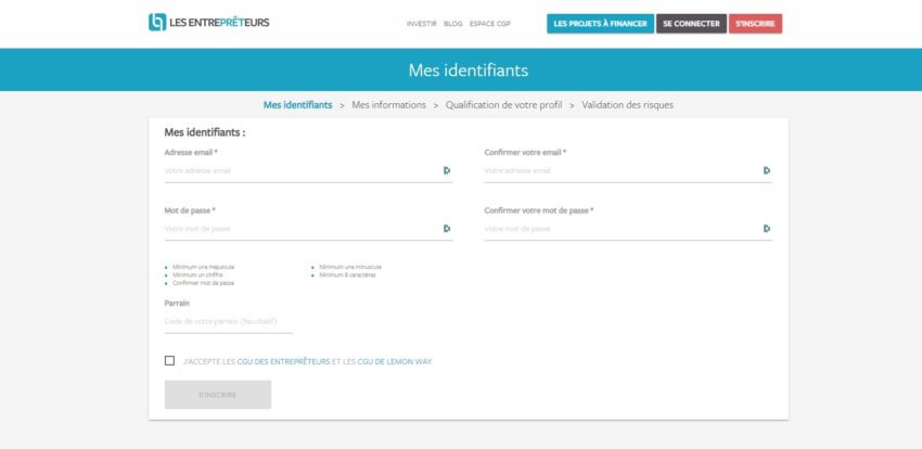 Première étape de l'inscription sur le site Les Entreprêteurs : définir vos identifiants de connexion