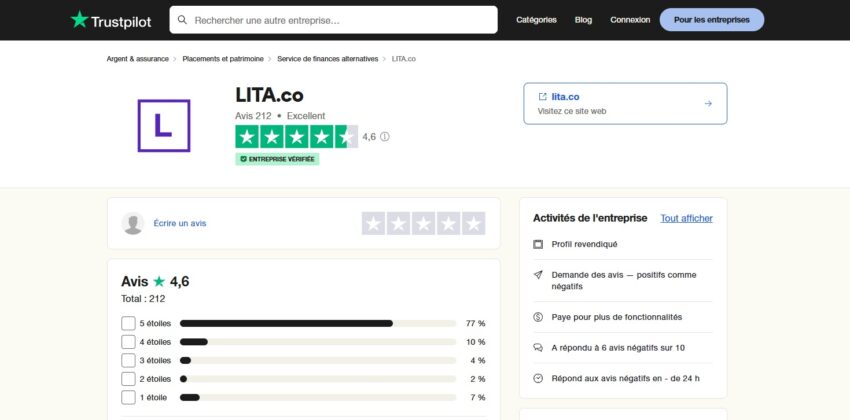 Visuel de la page Trustpilot montrant une moyenne de 4,6/5 pour les 212 avis déposés concernant LITA.co