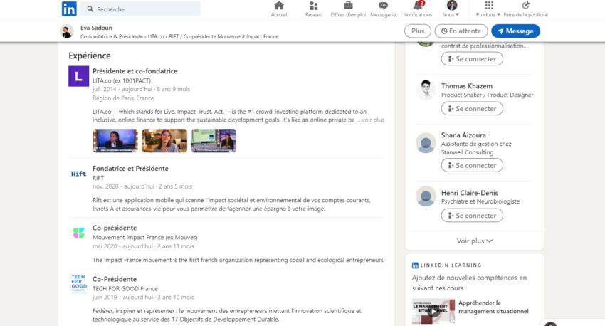 Extrait du profil LinkedIn de la co-fondatrice de la plateforme de crowdfunding LITA.co : un colibri hyper actif