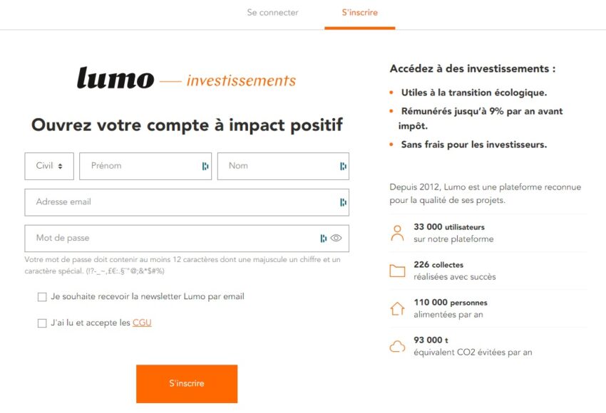 Page d'inscription à la plateforme Lumo
