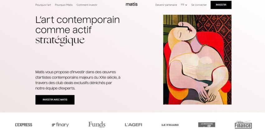 Page d'accueil du site de Matis, une plateforme d'investissement dans l'art