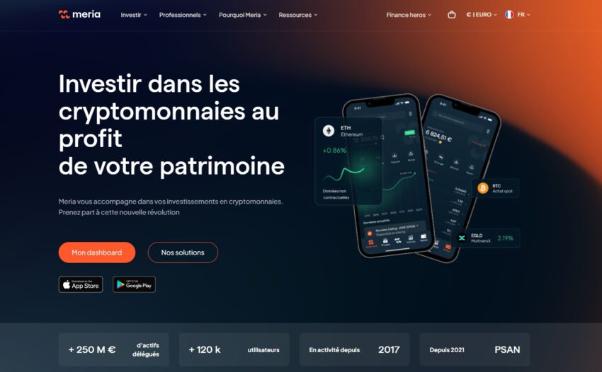 Page d'accueil de la plateforme française de crypto monnaies Meria