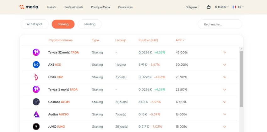 Extrait montrant certaines crypto monnaies disponibles au staking sur Meria