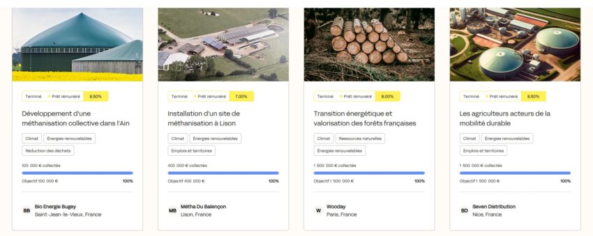 Exemple de collectes proposées par MiiMOSA fin 2024-début 2025