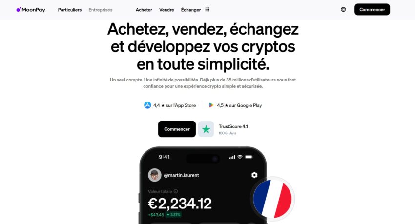 Page d'accueil de la plateforme crypto MoonPay