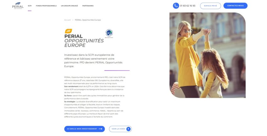 Page d'accueil de la SCPI PERIAL Opportunités Europe, dont le TRI depuis l'origine est de 7,33%