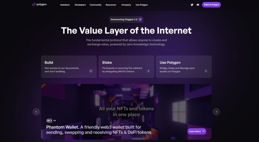 Nouvelle page d'accueil de Polygon, qui évolue vers "Polygon 2.0", centré sur la "valeur"