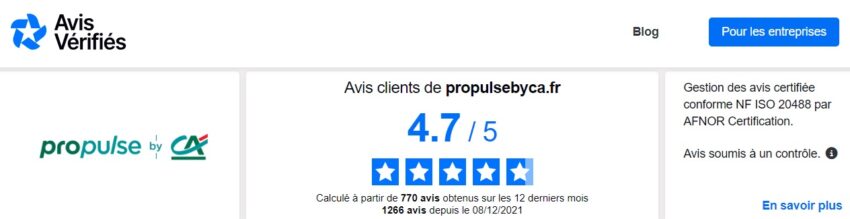 Capture d'écran montrant la moyenne de 4,7/5 de Propulse by CA sur plus de 1 000 avis clients déposés