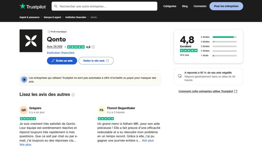 Page Trustpilot de Qonto, avec une excellente moyenne de 4,8/5 sur plus de 25 000 avis