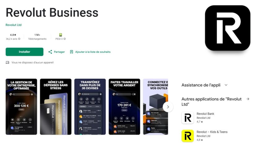 Visuel avec 4,8/5 de moyenne pour les avis Google sur Revolut Business en septembre 2025
