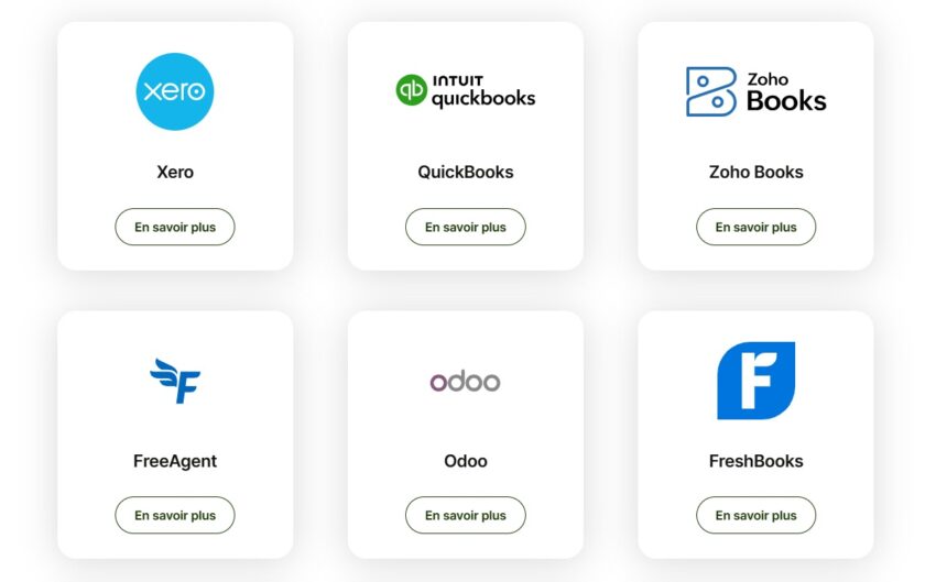 Image fournissant un extrait des connexions disponibles avec des logiciels de comptabilité (10 au total)