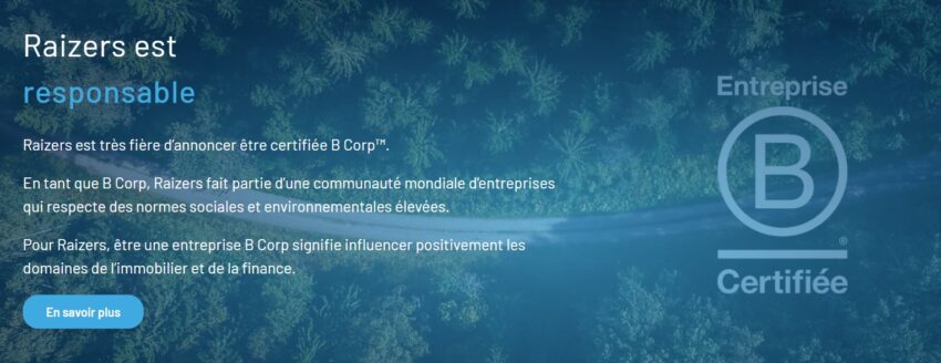Visuel montrant que la plateforme de crowdfunding Raizers est certifiée B Corp