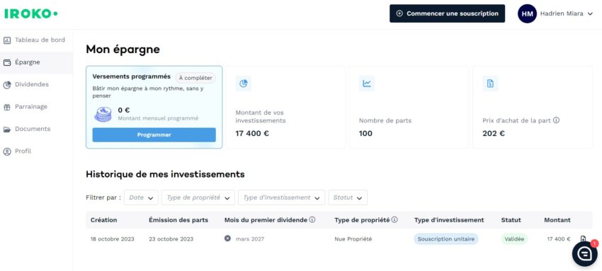 Mon tableau de bord Iroko, avec mon achat en direct de parts de la SCPI Iroko Zen