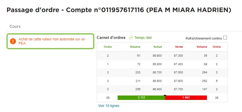 Capture d'écran montrant qu'il n'est pas possible d'acheter des actions de foncières cotées depuis un PEA