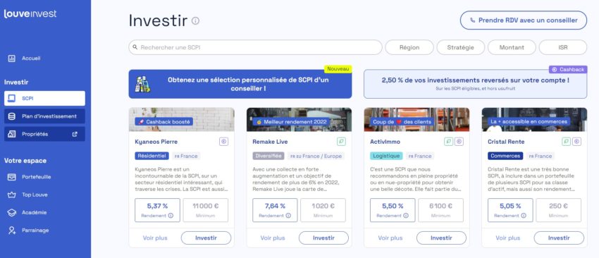Toutes les SCPI avec un petit symbole "€" à droite de leur nom bénéficient du cashback (sauf les SCPI sans frais d'entrée et en usufruit)