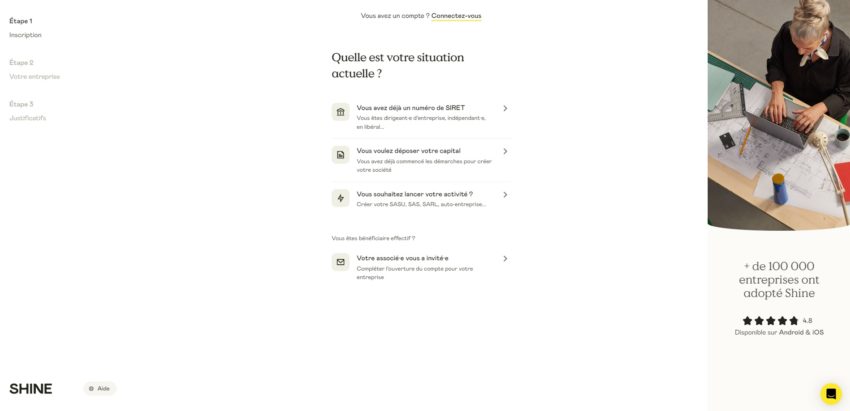 Début du parcours d'inscription pour un compte pro chez Shine