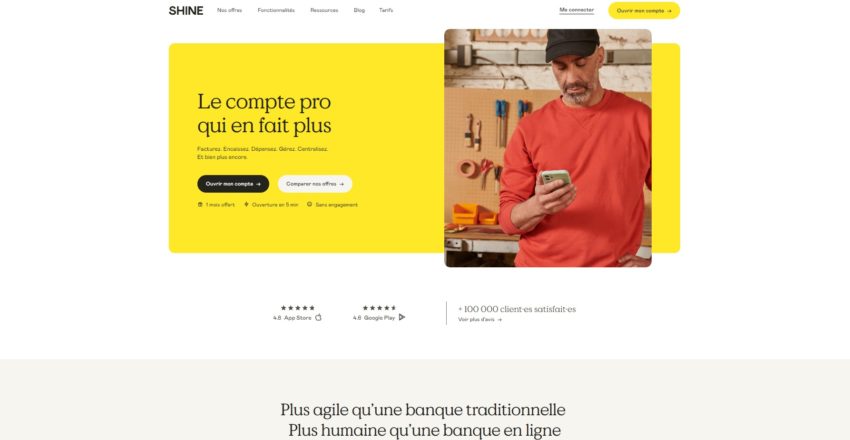 Page d'accueil du compte pro Shine