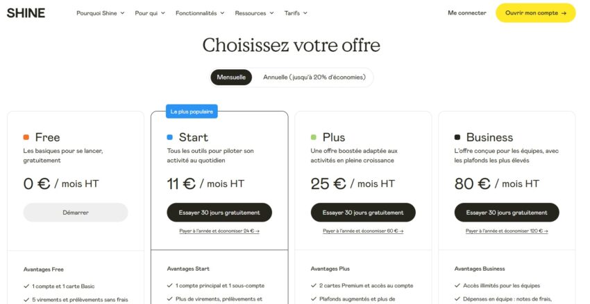 Visuel des 4 abonnements de la banque pro Shine, avec 1 formule gratuite