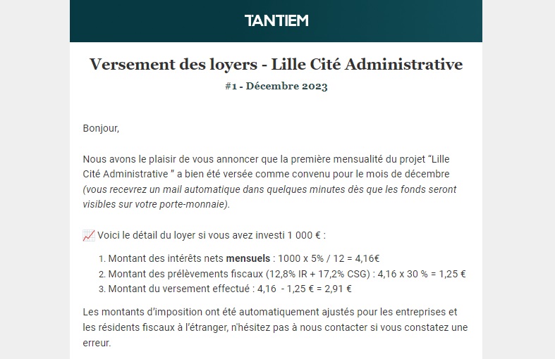 Extrait du mail que j'ai reçu de la part de Tantiem pour le premier versement de loyer