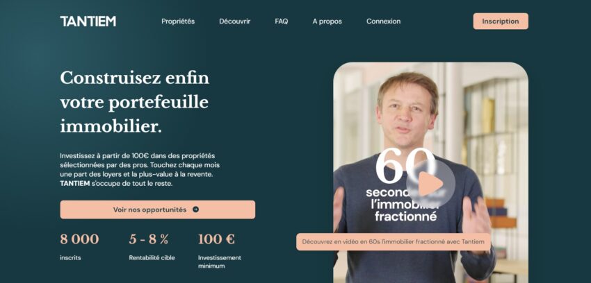 Page d'accueil de la plateforme d'immobilier fractionné Tantiem