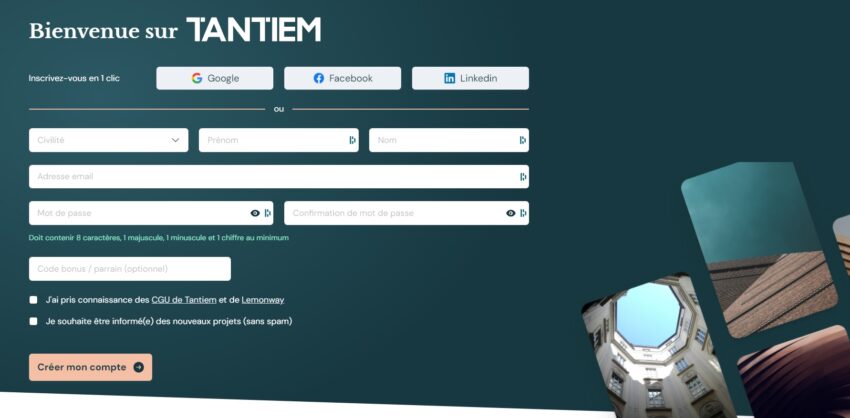 Page d'inscription de Tantiem