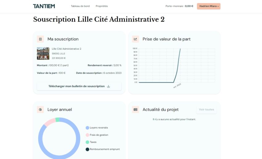 Mon tableau de bord Tantiem après avoir souscrit à l'opération Lille Cité Administrative 2
