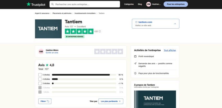 Page Trustpilot affichant 127 avis sur Tantiem avec une moyenne de 4,8 sur 5