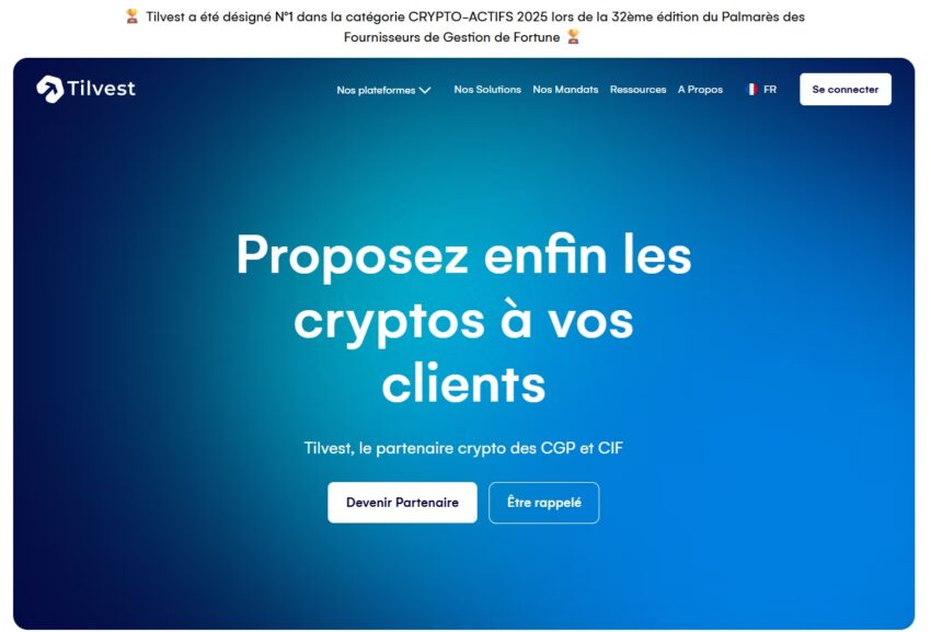 La page d'accueil de Tilvest, orientée crypto pour les CGP et CIF