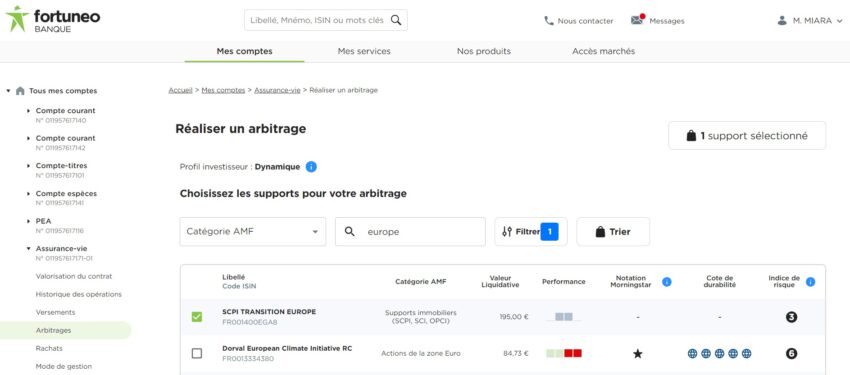 Ecran d'arbitrage de l'assurance-vie Fortuneo avec la sélection de la SCPI Transitions Europe