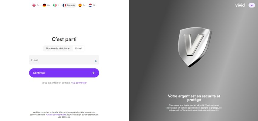 Page d'inscription de la banque pour professionnels Vivid