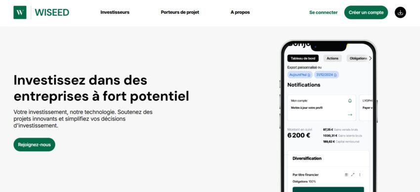 Page d'accueil de WiSEED, une plateforme de crowdfunding qui finance des entreprises