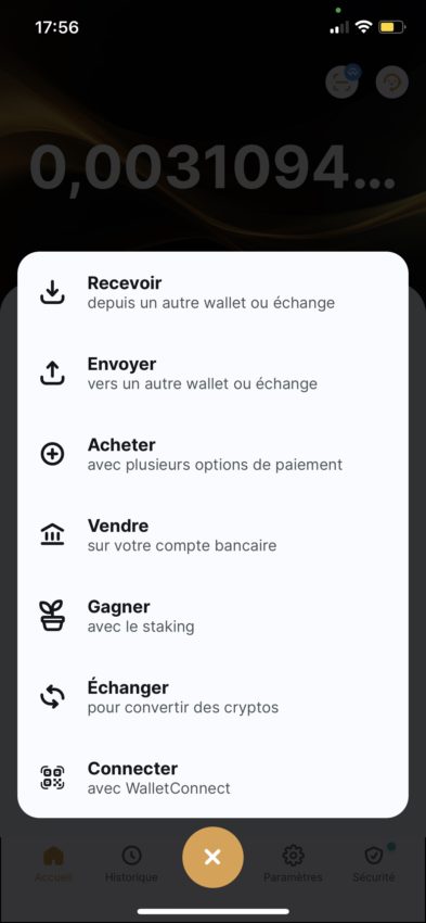 Les différentes actions possibles dans l'application crypto Zengo
