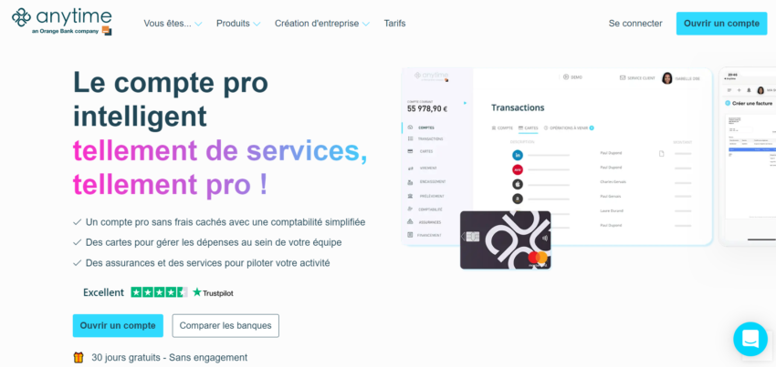 Page d'accueil du compte pro Anytime