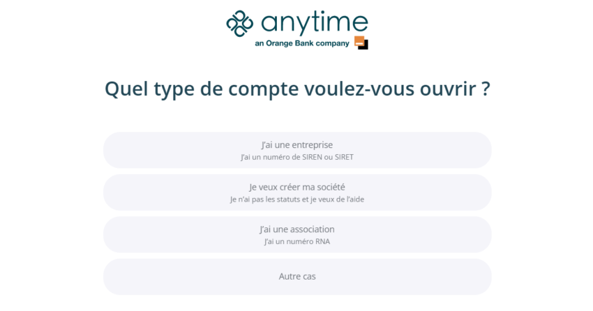 Page d'inscription à la néobanque pro Anytime