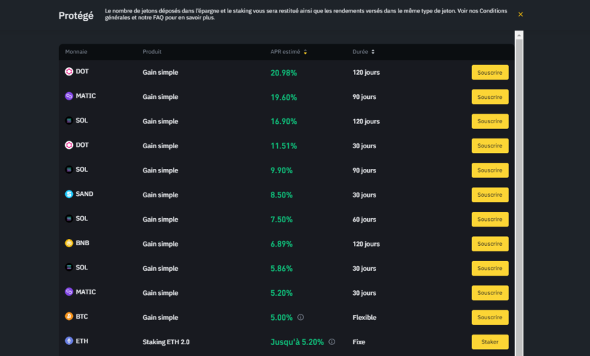 Binance propose divers produits pour générer des revenus en s'appuyant sur les crypto monnaies que vous avez en portefeuille