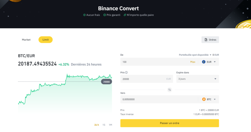 Exemple de trading de Bitcoin, avec un ordre d'achat à cours limité dès que 1 Bitcoin = 20 000€